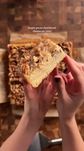 maple pecan shortbread cheesecake bars shortbread crust: 3/4 cup (170g) unsalted butter, cold-ish 6 tbsp (75g) sugar 1 1/2 cups (180g) ap flour 1/4 tsp (1g) salt 1/2 tsp (2g) vanilla  *cream together butter and sugar, then add in the vanilla. mix well. mix in the flour and salt, then press into a 9x9 pan. bake at 350 for 18-20 min. after baking turn the heat down to 325. filling: 16 oz cream cheese, room temp 2/3 cup (135g) brown sugar 1/4 cup (80g) maple syrup 1/3 cup (80g) sour cream/greek yogurt 1 1/2 tsp (4g) vanilla  1/4 tsp (1.5g) salt 2 eggs *cream together the cream cheese and sugar until smooth. then add in the maple syrup, sour cream, vanilla, and salt. one at a time, gently mix in the eggs. pour the batter over the shortbread crust and bake at 325 for about 35-40 min. the edges should be set and the middle a bit jiggly. let cool for about 1 hr.  topping: 6 tbsp (85g) unsalted butter 6 tbsp (75g) brown sugar 1/4 cup (80g) maple syrup 1 1/2 cups (150g) chopped pecans 1/4 tsp (1g) salt 1/2 tsp (2g) vanilla *in a saucepan, melt the butter, brown sugar and maple syrup until dissolved. let simmer for a couple min when it starts to bubble. remove from heat and add in the pecans, salt, and vanilla. let cool a bit before adding on top of the cheesecake. then evenly spread on and chill for 4 hrs or overnight.@Level Unlocked #LUPartner 