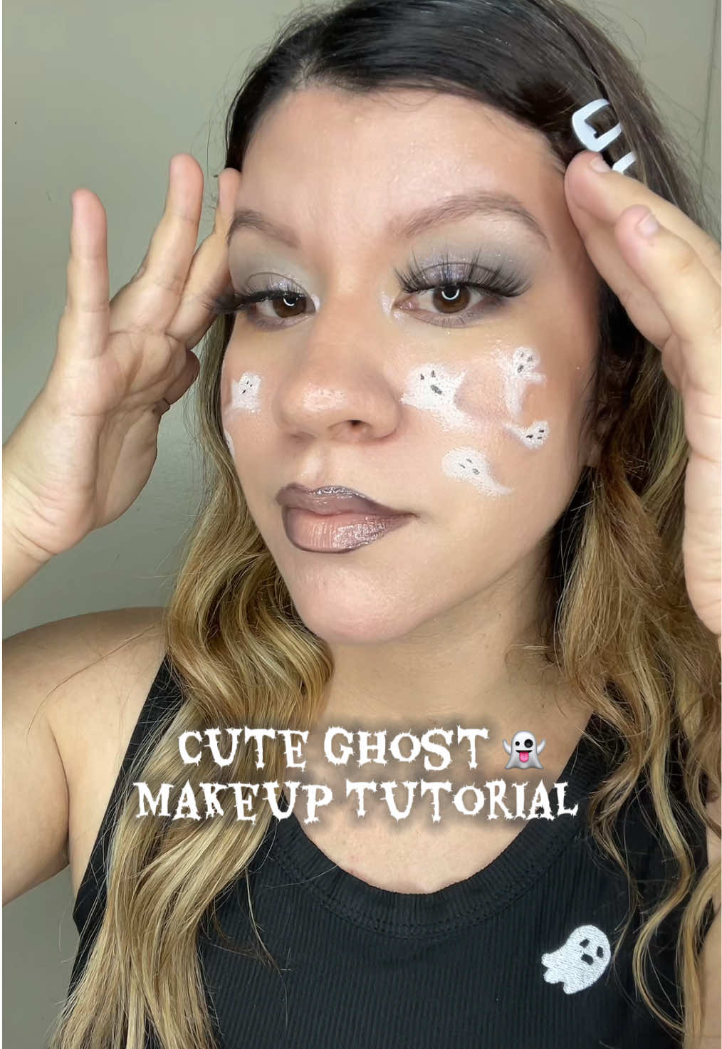 Cute white ghosts tutorial 👻 I used the Athena palette for the ghostsbut you can use a white liquid liner or white eyeliner pencil too 👻 & the Ghostface eyeliner for the ghodt faces -easy and cute Halloween makeup  #halloween #halloweenmakeup #ghosts #makeuptutorial  @UCANBE @Glamlite 
