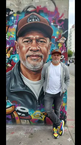 📝 Descrição da Cena (Prompt Profissional Ultra Realista 8K) Retrato de Moda Urbana com Eco Gráfico Retrato de moda urbana ultra realista, 8K, de um homem (mantendo as feições, traços faciais, idade e etnia da imagem de referência), encostado em uma parede urbana coberta por uma rica camada de grafite. A Muralha e a Arte: A parede de concreto áspero exibe um enorme retrato de grafite hiper-realista do próprio homem, criando um poderoso e original 