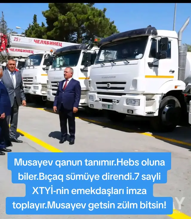 Musayev qanun tanımır.Hebs oluna bilər? Bıçaq sümüye direndi.7 sayli XTYİ-nin emekdaşları imza toplayır.Musayev getsin zülm bitsin!  Xeber verdiyimiz kimi kecidlerin isiqlandirmasina serf olunan elektrik enerjisinin Mehemmed Musayevin Azerenerji emekdaslari ile elbir olaraq qeyri qanuni şekilde dukan ve kiosklara satdigi faktlarla sübut olundu.Ardınca xeyli sayda işçinin emekhaqlarinin Musayev terefinden menimsenildiyi bilindi.Adı olub ozu olmayan xeyli sayda işçinin ise elimizde siyahıları var ve hemin insanlarin emek haqqi kartlari Nazir Nehmetovdan alinaraq Musayevin kassasinda saxlanilir.Evezinde ise Musayeve hec kim nese demir onun yerine Nazir Nehmetov qurban edilir.Tebii ki Nemetov işden biabirci sekilde qovulsada idareden başqa ad altinda maaş almağa davam edecek.Cunki Musayev qara kassasi olan Naziri ozune dusmen etmek isdemez. Korrupsiya bataqliginda itib batmasi milyonlarina milyon qatır  korrupsioner Musayev kime arxalanir niye helede işinden azad olunmur.Saleh Memmedovun bele şekilleri olan Aayda-ya mexsus kalendarlari yigisdiran Musayev qanun qarşisinda cavab vermek yerine helede oz kefinde bahali restoranlarda kabab yemekle gunun gün edir.Olanda zavalli işçilere olur.Zavalli xadimeler gün erzinde üçe yaxin keçid temizleyir zülm görür insult keçirir evezinde ise Musayev maaşlarin menimseyir.Şeherin merkezinde olan keçidlerde hec bir eskalator işlemir.Çünki eskalator ustalari ve fehleleri Musayevin Villasinda fehle kimi işledilir eskalatorlara ayrilan yüzminlerle pul ise Musayev terefinden menimsenilir Ulu Önderimiz Heydər Əliyevin adin daşıyan Heydər Əliyev sarayinin qarşısında olan yeralti keçidde olan eskalatorlar bele illerdirki işlemir.Her gun minlerle vetendaş xarici turist bu kecidlerden zülm çekerek istifade edir cunki eskalatorlar Musayevin yaritmaz işleri sayesinde yarımaz haldadır.Evezinde ise dükkanlarin sayi gunu gunden artir.Bu ay uzre verilecek maaşlarin yene Musayev terefinden kesildiyi ve iscilerin bu ayda maaslarinda kesinti olacagi bildirilir.Ozunu dovletden ustun sayan korrupsiya hüquqpozmalari və vezife cinayetleri olan,dövlete milyonlarla manat zerer vuran biri ne ucun hebs olunmur ve topladigi serveti elinden alınmır.Ziya Memmedovun bağban iken idare direktoru etdiyi biri yoxsa gelecekde nazir olub ölkenin insanlarina qan uddurmaq isdeyirdi.Artiq yuzlerle işçi imza kompaniyasina qoşularaq onlara zülm veren tehqir eden maaşlarin menimseyen qul kimi işleden sağlamliqlarina qenim kesilen Mehemmed Musayevin işden azad olunmasıni teleb etmeye hazırlaşır.Ümid edirik ki sesimiz Cenab Prezidentimize çatacaq bu ölkenin vetendaşların Musayevin zülmünden azad edecekdir.Şikayətcinin adı şərtidir(Aydın Əhmədov) 