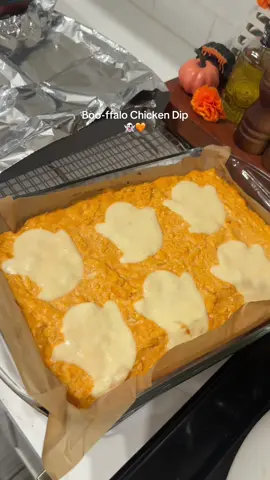 👻 Boo-ffalo Chicken Dip For your upcoming Halloween parties 🧡  Ingredients: 3 cups shredded cooked chicken (rotisserie works great) 1 package (8 oz) cream cheese, softened 1 1/2 cup Buffalo Sauce 1 cup ranch dressing (or blue cheese if you prefer) 1/2 cup shredded mozzarella cheese 1/2 cup shredded cheddar cheese Optional: extra cheese slices (for ghost cutouts!) Directions: Preheat oven to 350°F (175°C). In a large bowl, combine cream cheese, Frank’s RedHot, and ranch dressing until smooth. Stir in shredded chicken, mozzarella, and cheddar. Spread mixture evenly in a small baking dish (9x13 or similar). Bake for 20–25 minutes, until hot and bubbly around the edges. #EasyRecipe #halloweenfood #trickortreat #baking #buffalochickendip #appetizer #funfood #ghost #halloween #recipes 