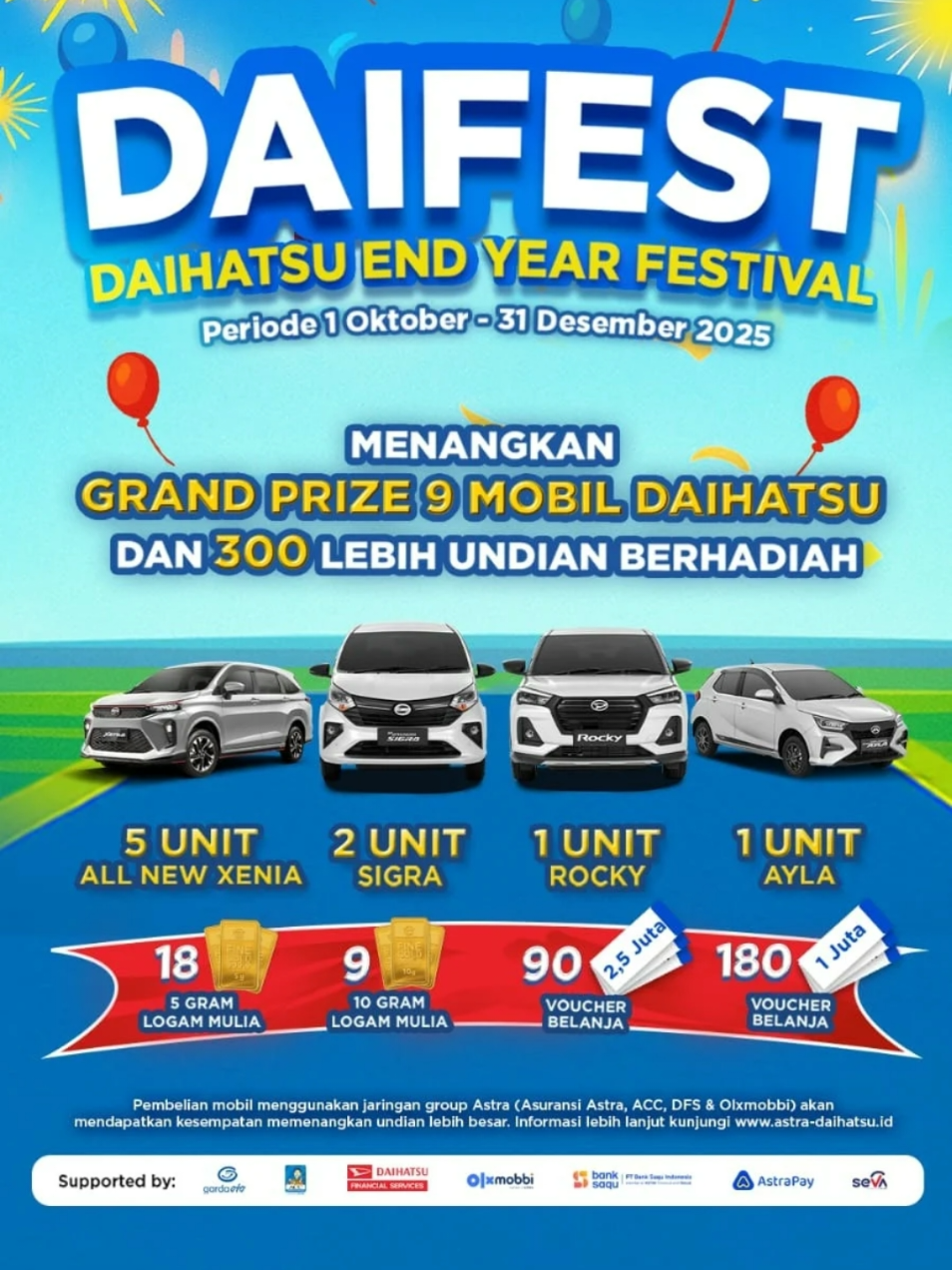 🎉 DAIFEST 2025 – Daihatsu End Year Festival! 🚗✨ Beli mobil Daihatsu sekarang dan menangkan 9 mobil + 300 hadiah keren lainnya! 💥 Periode: 1 Oktober – 31 Desember 2025 Beli lewat jaringan Astra (ACC, Asuransi Astra, DFS, OLXmobbi) biar peluang menang makin besar! 🎁 www.pilihdaihatsujakarta.com https://lynk.id/pilihdaihatsu @astradaihatsu.indonesia  #Daihatsu #DAIFEST2025 #DaihatsuSahabatku #PromoMobil #MobilBaru 