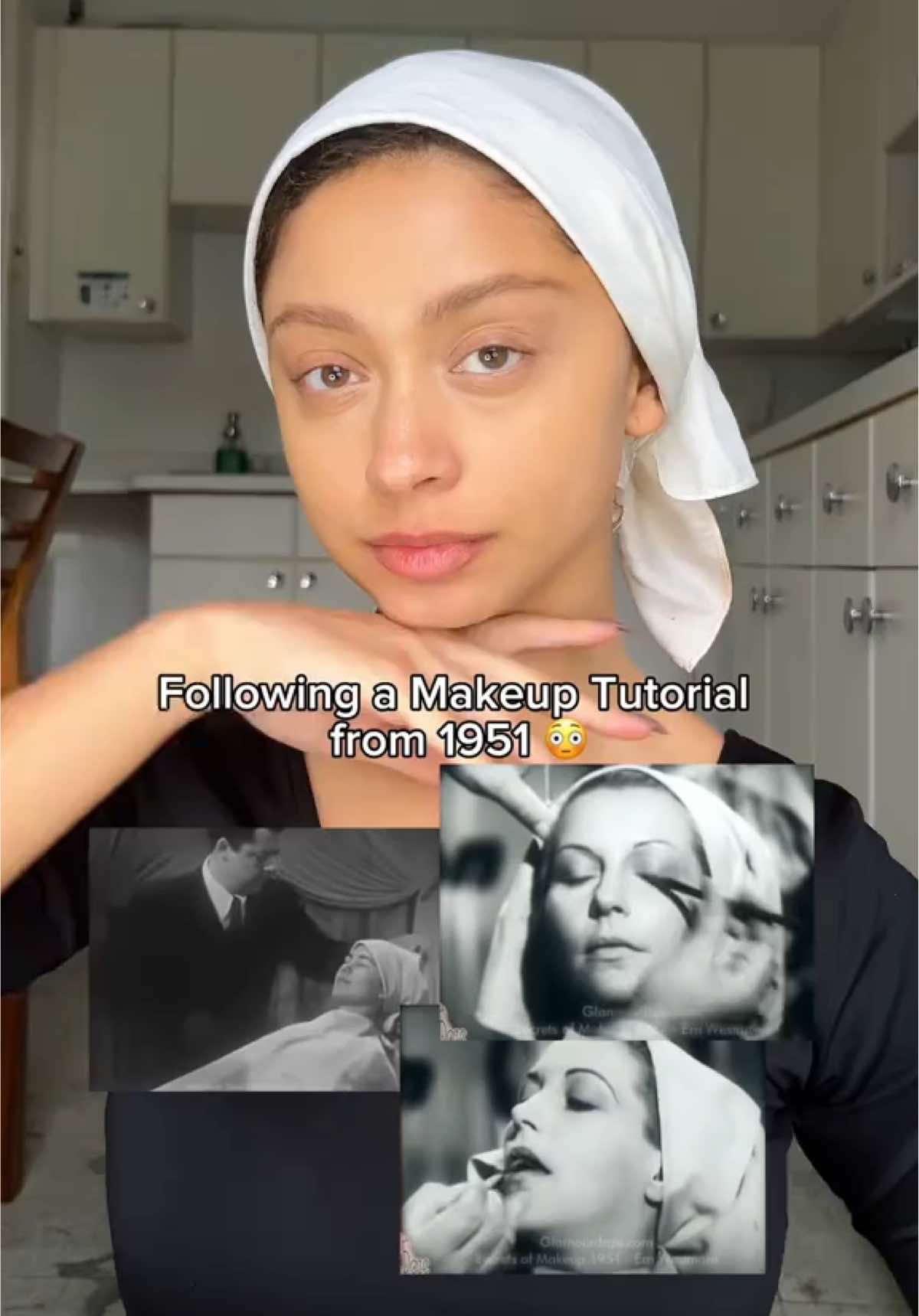 Following a 1951 makeup tutorial 😳😳😳 I found it to be so powder heavy! I had so much fun making this! What do we think of how it turned out? 🤭🤭🤭 #fyp #makeup #makeuptutorial #makeuptok #vintage 