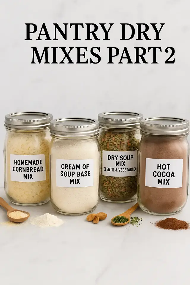 1️⃣ Homemade Cornbread Mix Dry mix (store in jar): 1 cup flour 1 cup cornmeal ¼ cup sugar 1 Tbsp baking powder ½ tsp salt To bake: Add 1 cup milk, ¼ cup oil, 1 egg. Bake at 400°F for 20–25 min. 2️⃣ Cream of Soup Base Mix Dry mix (store in jar): 2 cups powdered milk ¾ cup cornstarch ¼ cup chicken bouillon 1 Tbsp onion powder ½ tsp celery seed ½ tsp pepper To use: Whisk ⅓ cup mix + 1¼ cups water or milk in a pan. Cook until thickened = 1 “can” of soup. 3️⃣ Dry Soup Mix (Lentil & Veggie) Dry mix: 1 cup lentils ½ cup dried onion 1 Tbsp bouillon 1 tsp garlic powder 1 tsp parsley ½ tsp pepper To cook: Add 6 cups water, simmer 1 hr, add any veggies or ham if available. 4️⃣ Hot Cocoa Mix Dry mix: 2 cups dry milk 1 cup cocoa powder 1 cup sugar Pinch salt To serve: Mix 3 Tbsp cocoa mix with 1 cup hot water or milk. #budgetfriendly #pantrystaples #pantry #drymixes #snap