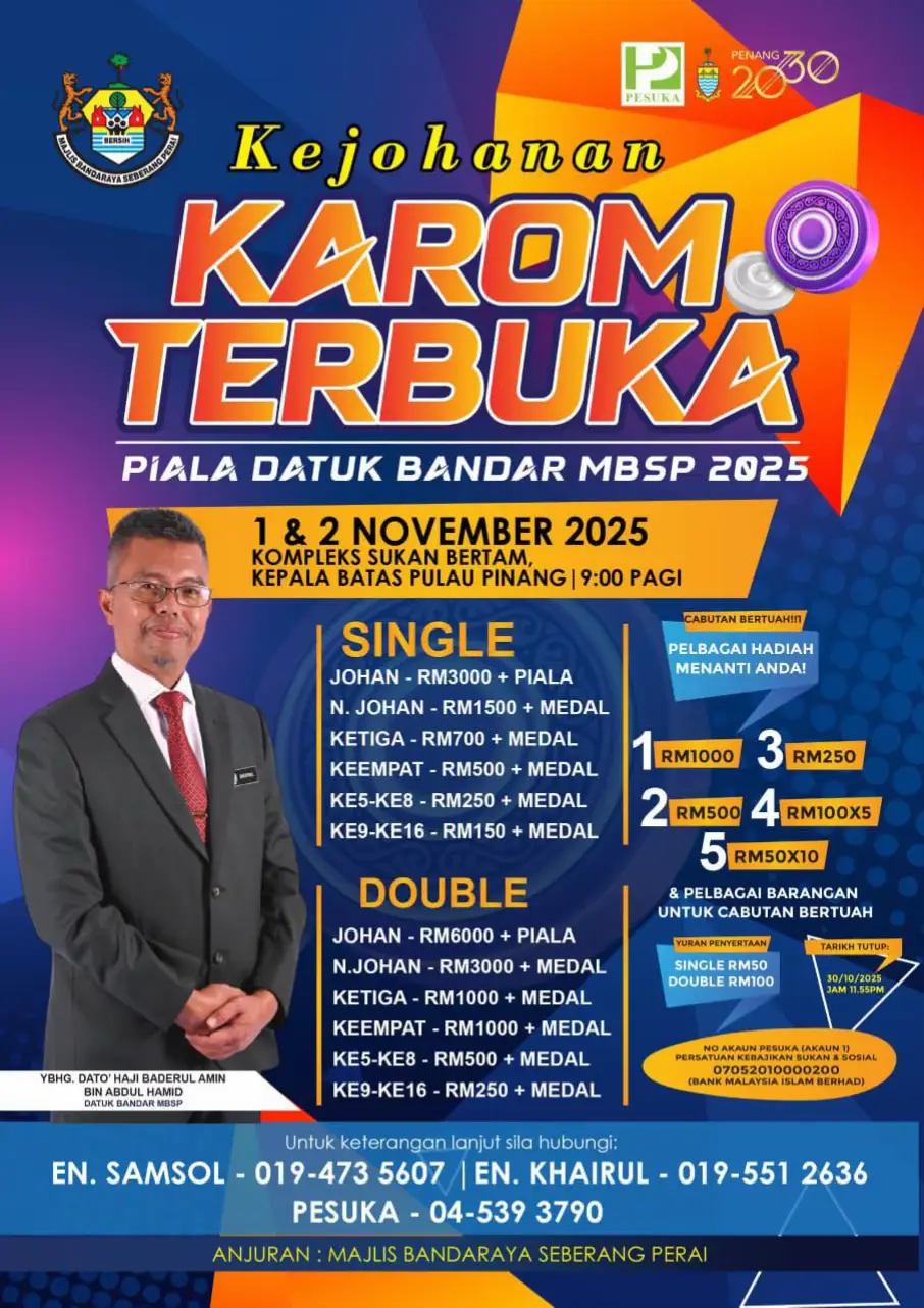(KATEGORI SINGLE) 🔥 Siapa lawan siapa? Siapa bakal berentap di papan karom tahun ini? Jangan lepaskan SESI PENGUNDIAN KUMPULAN bagi 🏆 KEJOHANAN KAROM TERBUKA PIALA DATUK BANDAR MBSP 2025 (Kategori Single) Ayuh saksikan detik penentuan penuh debaran secara LIVE di TikTok rasmi MBSP! 📱 🗓️ Tarikh: 31 Oktober 2025 (Jumaat) ⏰ Masa: 03.00 Petang 📍 Tempat: Bilik Mawar, Ibu Pejabat MBSP, Bandar Perda Ayuh sama-sama merasai debaran — siapakah yang akan diundi bersama? 😎 Klik dan tonton secara LIVE di: 👉 https://www.tiktok.com/@mbsp_official #mbsp_official #penanggovernment #seberangperai #pialadatukbandar #karom 