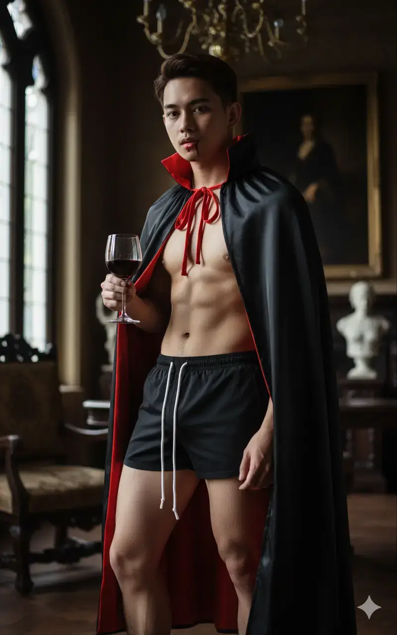 Characters and Costume: Medium close-up (from knees to head) of a handsome young Asian/Southeast Asian man, using the facial reference from the attached photo, with some fine hair visible below his navel. He is wearing a classic black Count Dracula/vampire cape with a bright red lining, tied with a red string at the neck. He is wearing only black thong with a long white drawstring (the string is knotted). His face has a seductive/intense/mysterious expression. Action and Object: He is standing slightly sideways. He is drinking or sipping crystal red wine with his long legs. A small amount of red wine is dripping from the corner of his mouth, giving the impression of having just finished drinking. He is holding the glass elegantly. Background and Lighting: The background is a classical/gothic style interior that appears to be an old castle or manor. There is a tall window with natural light (or artificial light mimicking evening/twilight) coming in from the left side. In the background, there's dark wood furniture and possibly a painting or sculpture. Above it is a chandelier. Dramatic lighting (chiaroscuro) emphasizes the texture of the robe and the muscles of the body, with deep shadows. Photographic/Visual Style: High-quality cinematic or visual photography. Rich, warm colors (red, gold, black) with high contrast. Realistic details (skin, fabric textures, glass reflections).