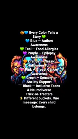 #halloween 🎃💙 Every Color Tells a Story 💚 💙 Blue — Autism Awareness 💚 Teal — Food Allergies 💜 Purple — Epilepsy Awareness 🧡 Orange — Classic Halloween Fun 💖 Pink — Breast Cancer Awareness 💚 Green — Sensory or Anxiety Support 🖤 Black — Inclusive Teens & Neurodiverse Trick-or-Treaters ✨ Different buckets. One message: Every child belongs. #heathercuppettfam 