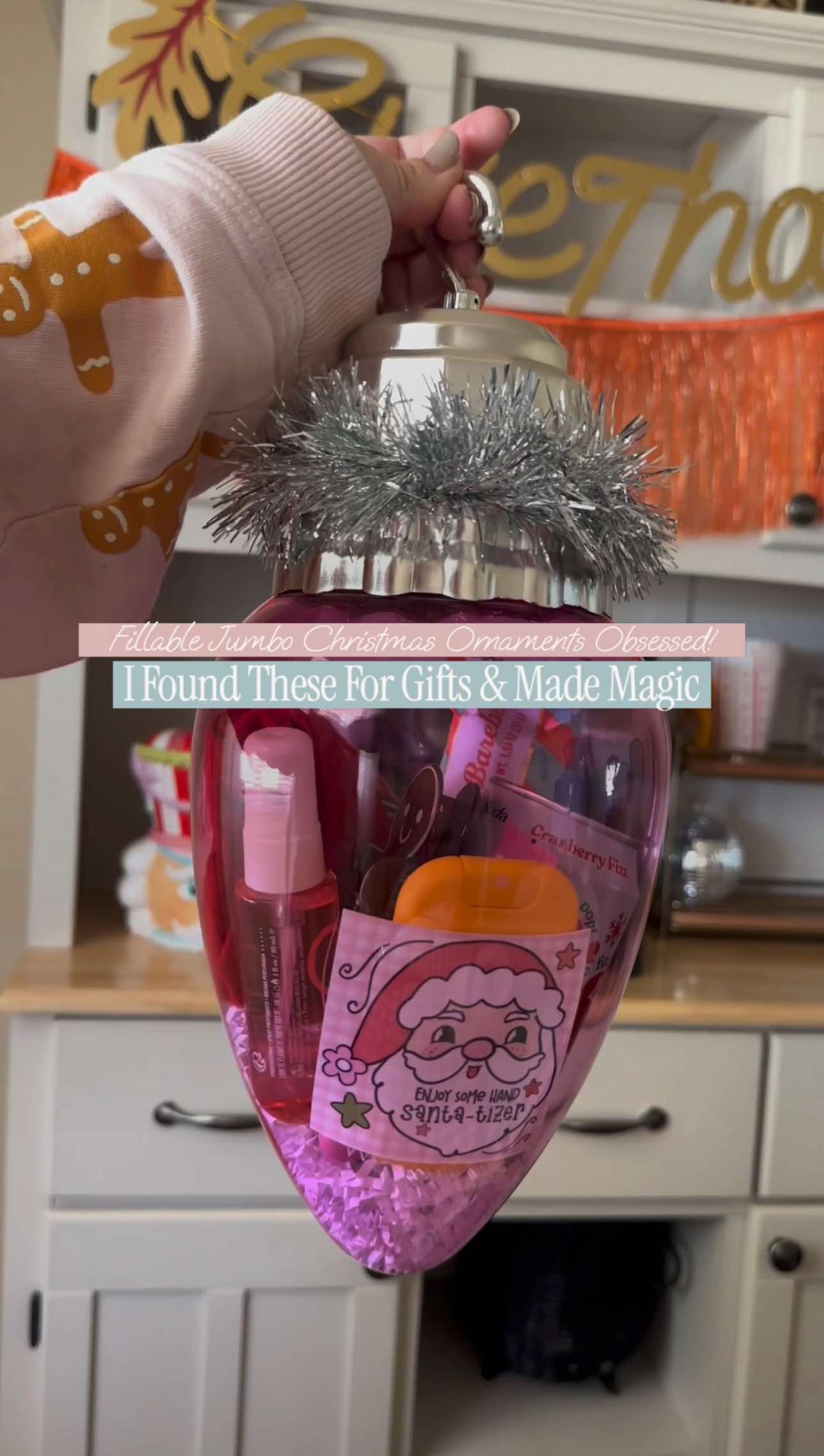 LISTEN! Run and grab these fillable jumbo hanging Christmas lights from @Five Below ! Also grab in this post the CRAYOLA hand sanitizers you all have been asking about. They make adorable teacher gifts. Not only are these budget friendly, but they hold so much. Find everything as always in my LTK store linked in my bio. Items you could put inside: Can of holiday themed drink Socks or slippers Hand Sanitizer (grab that FREE printable) Lip balm or gloss Lotion Hair clip Package of holiday trail mix Bath products like a soak Face mask Hot chocolate packets Popcorn Pajamas and much more! The inspiration came from the amazing @Alice and I saved it immediately knowing I wanted these this year as they sell out quick. Thank you Alice for your creativity! #christmasideas #christmasgiftideas #christmasinspo #teachergifts #teachergift 