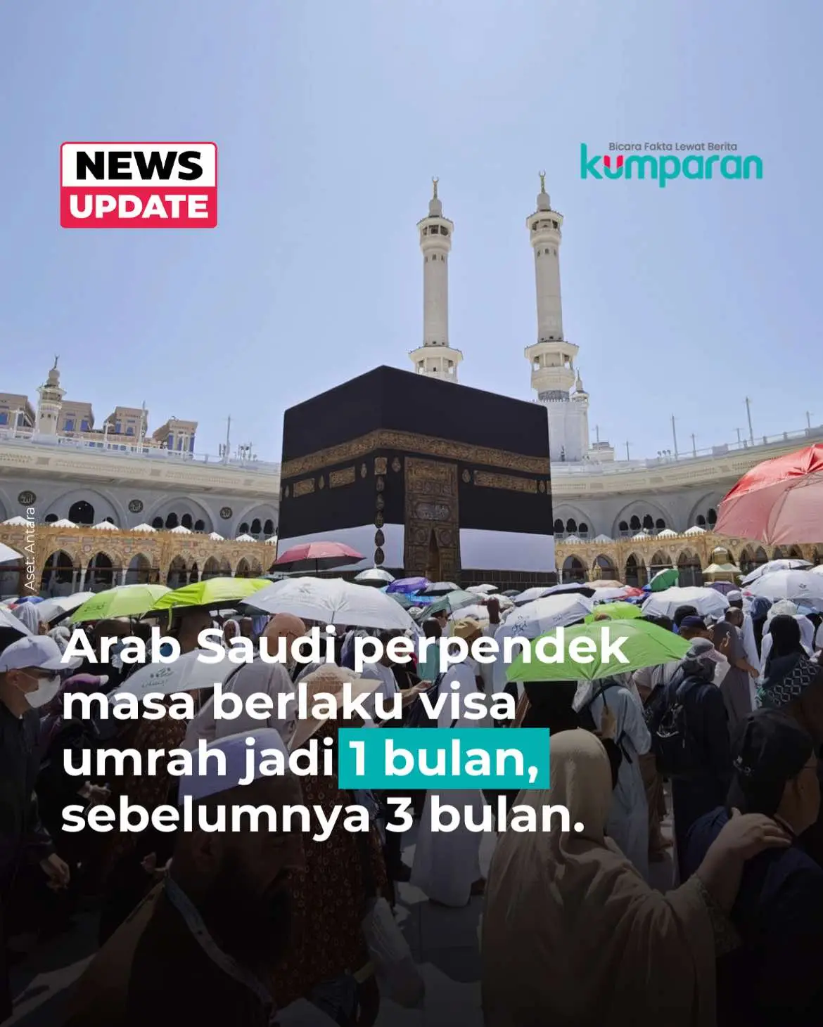 Arab Saudi mengurangi masa berlaku visa umrah dari yang semula berlaku tiga bulan menjadi satu bulan terhitung sejak visa diterbitkan. Kementerian Haji dan Umrah Saudi menerangkan dalam aturan baru tersebut, visa umrah akan dibatalkan setelah 30 hari sejak tanggal penerbitan jika jemaah tidak mendaftar untuk memasuki Arab Saudi. Aturan tersebut berlaku mulai minggu depan. Dikutip dari Saudi Gazette, Kementerian Haji dan Umrah Saudi memastikan untuk visa haji akan tetap berlaku selama tiga bulan. Adapun jumlah visa umrah yang dikeluarkan untuk jemaah haji asing sejak dimulainya musim umrah baru pada awal Juni telah melampaui empat juta. Dengan demikian, musim umrah tahun ini mencatat rekor jumlah jemaah haji asing terbanyak dalam lima bulan. Penasihat di Komite Nasional Umrah dan Kunjungan, Ahmed Bajaeifer, mengatakan bahwa keputusan ini merupakan bagian dari persiapan kementerian menghadapi lonjakan jemaah umrah yang diperkirakan akan terjadi. Terutama setelah berakhirnya musim panas dan penurunan suhu di Makkah dan Madinah. 📸: Dok. Antara. Follow WhatsApp Channel kumparan untuk dapat Informasi terpercaya dikirim langsung ke WhatsApp kamu. Ketik kum.pr/WAchannel di browser kamu sekarang, agar bisa share informasi tanpa ragu. #newsupdate #update #news #oneliner #haji #islam #arab #visaumrah #kebijakan #pemerintah #kementerianhaji #info #infoterkini #berita #beritaterkini #bicarafaktalewatberita #kumparan