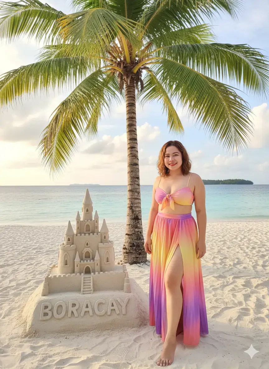 :Create a ultra realistic woman portrait same face and smile on the photo. fix the hair.Wearing a vibrant colorful outfit that feature with abstract gradient shades of yellow pink , purple, peace And orange .the outfits consist a two-piece set .with a thin strap bikini crop top that tie s bow on the front and a long.Flowing pleated skirt with deep slit.A bright tropical morning scene in Boracay, Philippines, captured in portrait orientation (768 × 1344 pixels) around 8–9 AM. The sky glows in soft golden daylight with scattered fluffy white clouds against a vibrant blue background. A tall coconut palm tree stands upright in the middle of the scene, its long green fronds stretching gracefully across the top of the frame. In the foreground sits an exquisitely detailed sandcastle sculpture that looks like a miniature fairytale fortress. The sandcastle features tall spires, turrets with pointed tops, arched windows, tiny stairways, and layered battlements, giving it an intricate and realistic architectural style. Every tower is carved with clean, sharp lines, and the base of the sculpture proudly displays bold 3D letters that read: “BORACAY”. The carved text is smooth and precise, standing out clearly against the pale, sunlit sand. To the right, infront of the sandcastle stands A stylish woman in Boracay posing elegantly. She looks directly at the camera. Behind her .the turquoise ocean stretches toward the horizon, shimmering under the morning light. The water fades from a light aquamarine near the shore to a deeper blue farther out, with small gentle waves. In the distance, faint silhouettes of lush green islands and hills rise from the horizon. The entire atmosphere feels fresh, radiant, and joyful, capturing the idyllic paradise vibes of a morning on Boracay’s white sand beach.#fyppppppppppppppppppppppp #geminiaiprompttrend 
