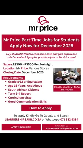 Mr Price is hiring December parttime jobs to apply click the link on bio or search learnershipsjob.co.za #fyp #sama28 #vacancies #job #creatorsearchinsights 