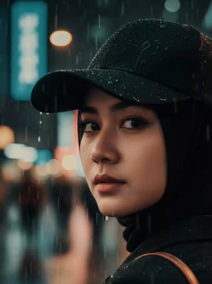 jenuh .....  TREND GEMINIAI  prompt;Buatkan gambar tanpa merubah bentuk wajah Potret sinematik realistis seorang wanita muda berhijab mengenakan topi hitam di tengah suasana malam kota yang ramai dan penuh cahaya neon berwarna biru, merah, dan kuning. Ia mengenakan hijab polos berwarna gelap yang tertata rapi di bawah topi baseball hitam basah oleh rintik hujan, menutupi rambut sepenuhnya dengan tampilan elegan dan natural. Ekspresi wajah tenang namun intens, menatap kamera dengan tatapan lembut namun dalam. Membelakangi kamera Pencahayaan berasal dari pantulan lampu neon jalanan dan papan iklan kota besar yang menciptakan efek bokeh lembut di latar belakang. Butiran hujan terlihat jelas di udara dan di permukaan topi, menambah suasana dramatis malam yang lembap. Pakaian berwarna gelap (jaket atau mantel hitam) dengan tali tas cokelat menggantung di bahu. Fokus ketat pada wajah dan bahu (medium close-up), latar belakang blur dengan warna-warni neon yang berpendar lembut. Tone warna hangat, cinematic, dengan pencahayaan lembut di wajah. #prompt #aiviral #gemini #black #cantik 