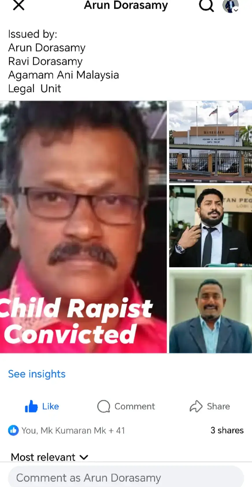 KEJAYAAN UNTUK KEADILAN — SABITAN DALAM KES ROGOL BAWAH UMUR Selepas lebih daripada tiga tahun perjuangan undang-undang yang berterusan, keadilan akhirnya ditegakkan. Hari ini di Mahkamah Sesyen Batu Pahat, Pitchamuthu, seorang ahli politik dan individu yang mendakwa dirinya sebagai paderi, telah disabitkan kesalahan dan dijatuhkan hukuman penjara selama 15 tahun serta empat sebatan rotan di bawah Seksyen 376(1) Kanun Keseksaan atas kesalahan merogol seorang gadis bawah umur. Keputusan ini menandakan satu kejayaan besar bagi kedaulatan undang-undang, sekaligus menegaskan bahawa tiada kedudukan politik atau keagamaan yang meletakkan seseorang di atas undang-undang. Pihak pendakwaan berjaya membuktikan tanpa keraguan munasabah bahawa tertuduh telah melakukan kesalahan tersebut, yang membawa kepada sabitan dan hukuman penjara. Unit Perundangan Agamam Ani Malaysia, yang bertindak dalam kapasiti memerhati prosiding (watching brief), memuji Yang Arif Hakim atas ketegasan dalam menegakkan keadilan dalam kes yang melibatkan pengkhianatan amanah, pelanggaran moral, serta perlindungan statutori terhadap kanak-kanak di bawah Akta Kanak-Kanak 2001. Sabitan ini memberikan mesej yang jelas — mereka yang mempergunakan pengaruh atau kedudukan agama untuk mengeksploitasi golongan lemah akan berdepan tindakan tegas menurut undang-undang Malaysia. Terima kasih kepada Jewel  yang membiayai sejumlah kos kes ini. Kakak Thanam!!  Dikeluarkan oleh: Arun Dorasamy Ravi Dorasamy Agamam Ani Malaysia Unit Perundangan VICTORY FOR JUSTICE — CONVICTION IN UNDERAGE RAPE CASE After more than three years of relentless legal pursuit, justice has finally prevailed. Today, at the Batu Pahat Sessions Court, Pitchamuthu, a political figure and self-proclaimed priest, was convicted and sentenced to 15 years’ imprisonment and four strokes of the cane under Section 376(1) of the Penal Code for the rape of an underage girl. This judgment marks a significant victory for the rule of law, reaffirming that no position of political influence or religious standing places anyone above the law. The prosecution successfully established beyond reasonable doubt that the accused had committed the offence, leading to his conviction and custodial sentence. The Agamam Ani Malaysia Legal Unit, acting in its watching brief capacity, commends the learned Judge for upholding justice in a case that involved a gross breach of trust, moral integrity, and statutory protection afforded to minors under the Child Act 2001. This conviction sends a strong message — predators who exploit their influence or spiritual authority to violate the vulnerable will face the full force of Malaysian law. Issued by: Arun Dorasamy Ravi Dorasamy  Agamam Ani Malaysia Legal  Unit