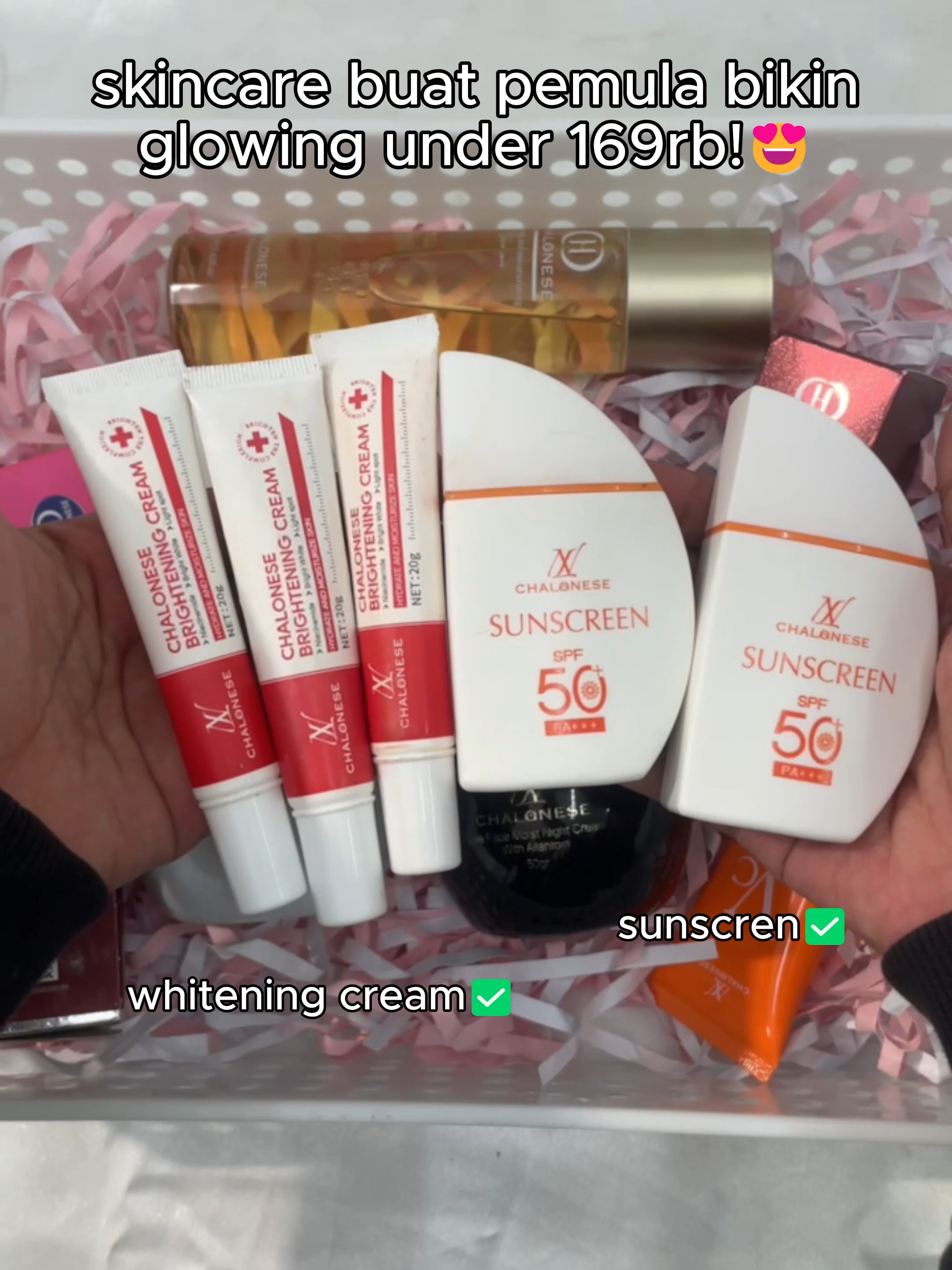 skincare chalonese buat pemula bikin glowing under 169 rb🥰🙌#rekomendasiskincare #fyppppppppppppppppppppppp #bumilbusuiaman🥰 #skincareroutine #bpomdanhalal✅ #masukberanda #chalonese #viralvideo #kulitglowing #kulitsehat #brighteningcream #paydaysale #promoskincare #bundling