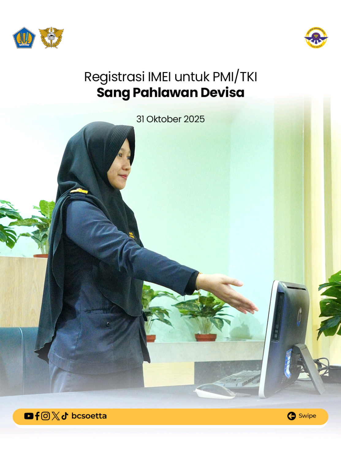 Registrasi IMEI Untuk PMI/TKI : Sang Pahlawan Devisa Sobat pahlawan devisa negara (TKI/PMI) mau registrasi IMEI handphone yang dibawa dari luar negeri? Selain layanannya GRATIS, TKI/PMI juga mendapatkan fasilitas pembebasan loh! Sebagai bentuk apresiasi atas kontribusi dan peran besar TKI/PMI terhadap remitansi, pemerintah dalam hal ini Bea Cukai memberikan fasilitas berupa pembebasan HKT (Handphone, Komputer Genggam, dan Tablet) berapapun nilainya untuk maksimal 2 pieces untuk satu kali kedatangan dalam satu tahun. Syaratnya harus terdaftar di KEMENP2MI atau kontrak kerjanya terverifikasi di aplikasi Lapor Diri Peduli WNI. Jadi, yuk daftarkan IMEI-mu di bandara saat tiba di tanah air! #BeaCukaiMakinBaik #bcsoetta #IMEI #TKI #PMI 