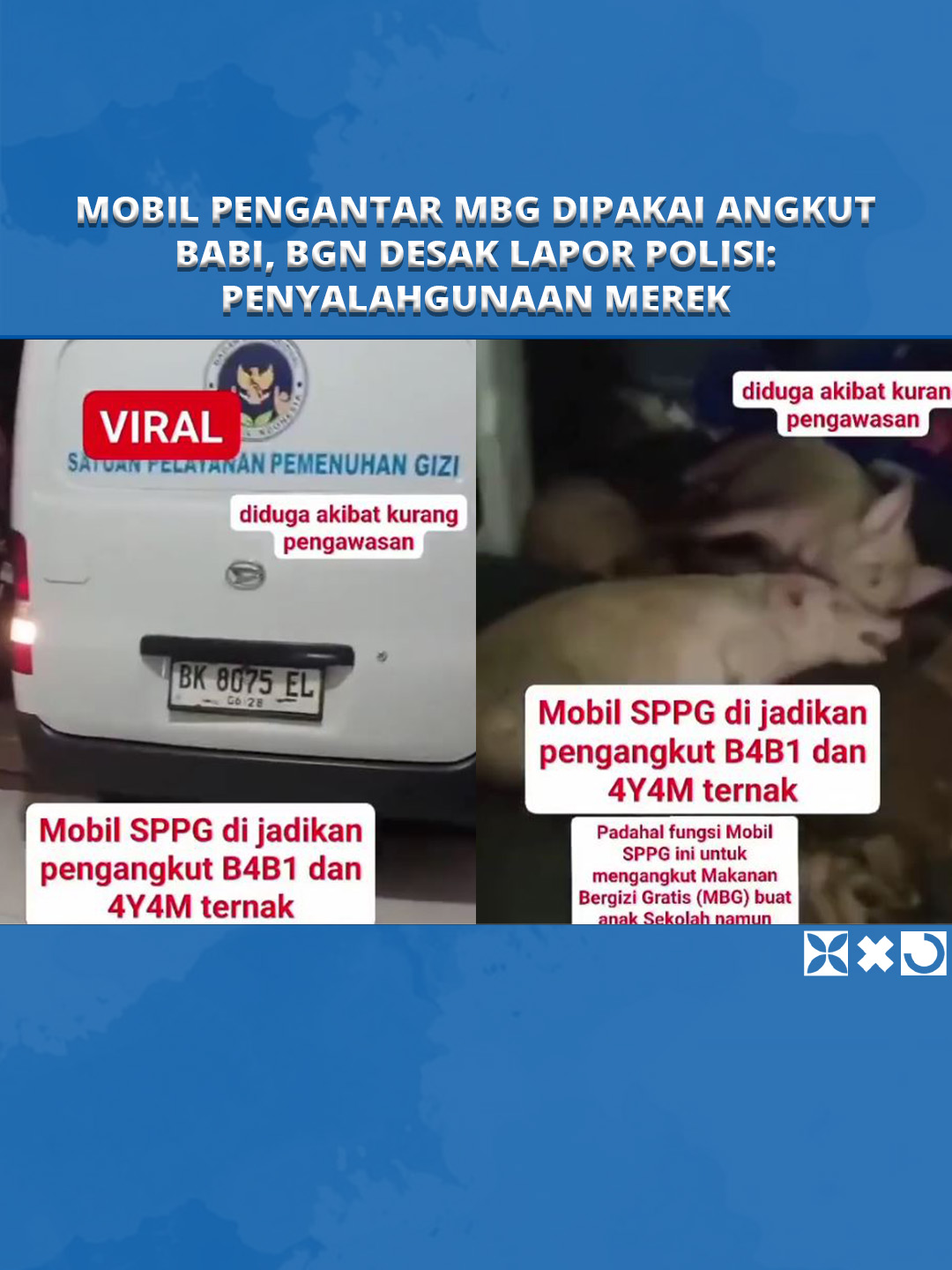 Fakta Mobil Pengantar MBG Berlogo SPPG di Nias Selatan Dipakai Angkut Babi, BGN Desak Lapor Polisi Sebuah mobil berstiker pengantar Makanan Bergizi Gratis (MBG) di Kabupaten Nias Selatan, Sumatera Utara, mendadak menjadi sorotan publik setelah videonya viral di media sosial. Kendaraan yang seharusnya digunakan untuk mendistribusikan makanan sehat bagi masyarakat itu justru terlihat sedang mengangkut beberapa ekor babi, sehingga menimbulkan kehebohan di dunia maya. Mobil tersebut tampak jelas berlogo Badan Gizi Nasional (BGN) dan bertuliskan Satuan Pelayanan Pemenuhan Gizi (SPPG) di bagian bodinya, membuat banyak warganet mempertanyakan keaslian dan fungsi kendaraan itu #sppg #makanbergizigratis #laporanpolisi #bgn #angkut #videoviral #tribunnewssultra Program: Tribun Viral Video Editor: Wa Ode Ria Ika Hasana Sumber: Tiktok/shoultonalam | feedgramindo Uploader: