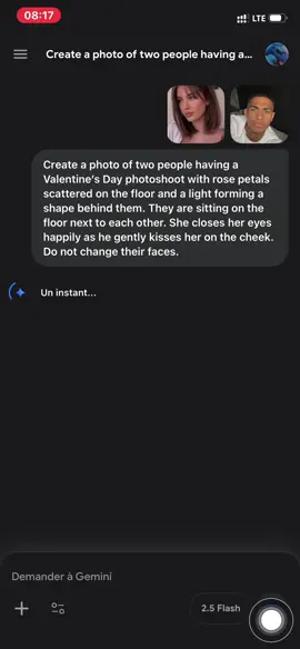 Prompt: Create a photo of two people having a Valentine’s Day photoshoot with rose petals scattered on the floor and a light forming a shape behind them. They are sitting on the floor next to each other. She closes her eyes happily as he gently kisses her on the cheek. Do not change their faces.#fypシ゚viral #PromptGemini #foryoupage #fyp 