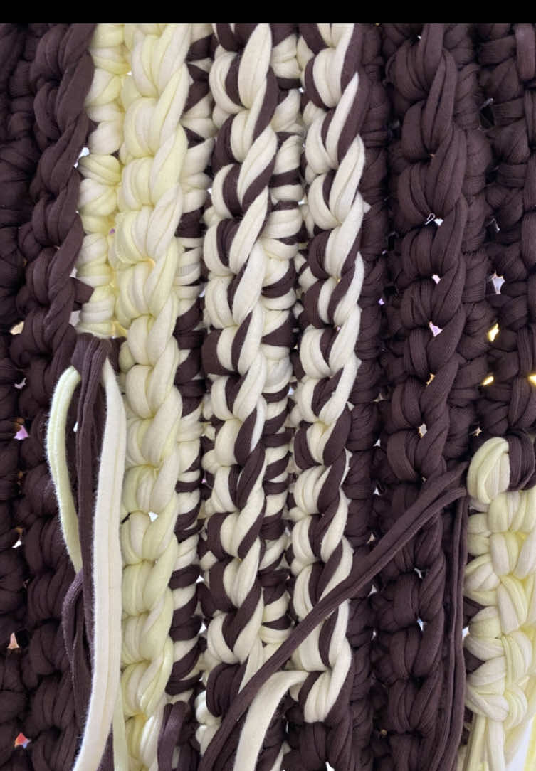 made a start on a custom bag for my sister 💛🤎 She asked for brown and butter yellow so I’ve let my creativity take over, love how it’s turning out so far 🍄‍🟫🍌  Not looking forward to weaving in all the ends though 😂  #crochet #supporthandmade #tshirtyarn #crochetbag #sustainablefashion 