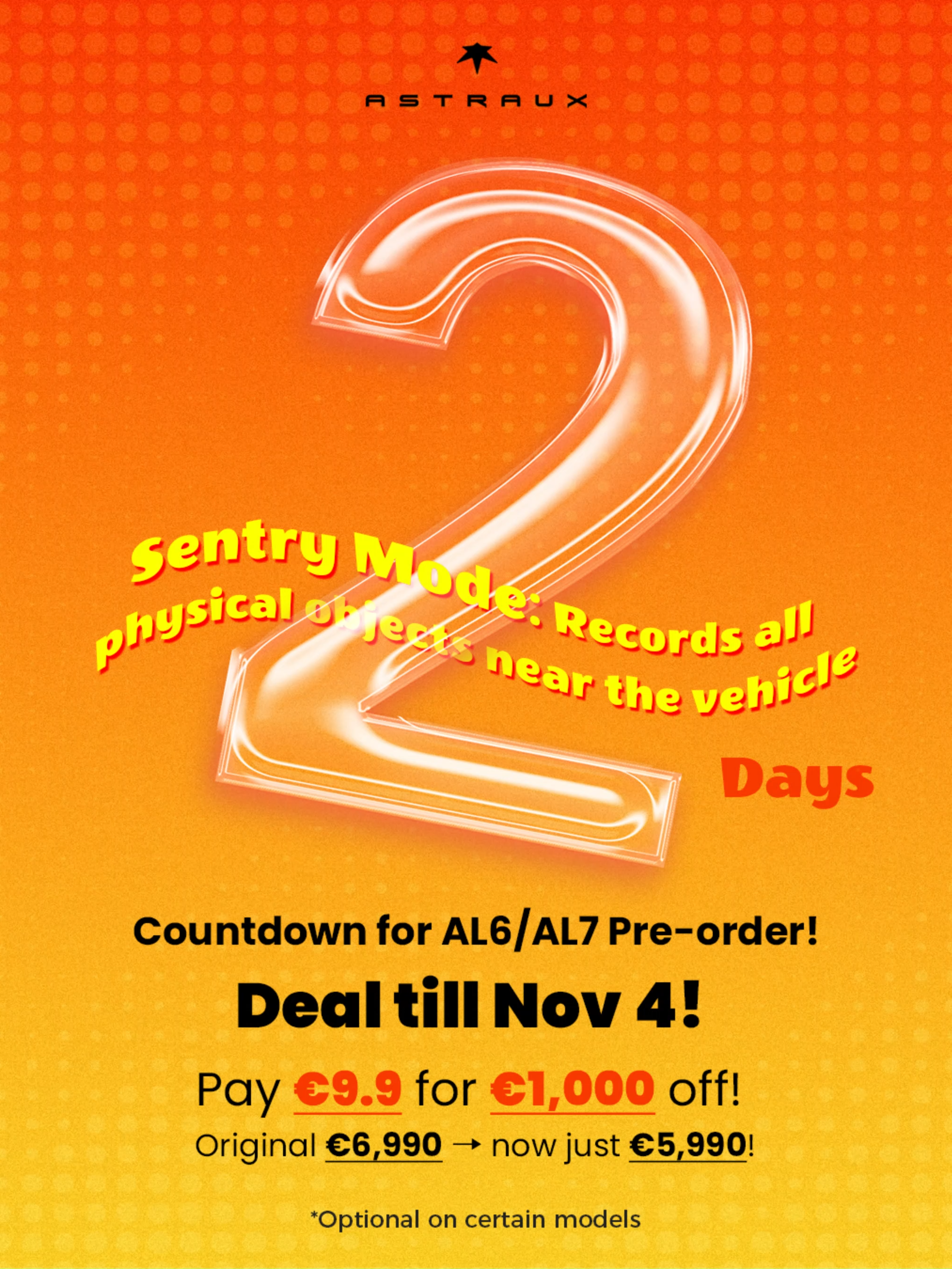 2  Days Countdown!   Pre-order deal till Nov 4→ https://astra-ux.com/products/al6-al7……… : Pay €9.9 for €1,000 off! Original €6,990 → now just €5,990! 🤑📷  Our AL6/AL7:Sentry Mode: Records all physical objects near the vehicle #ASTRAUX #StreetChic #FashionMood #AIGlasses #SmartGlasses #SEV #AL6 #AL7 #TravelDiaries