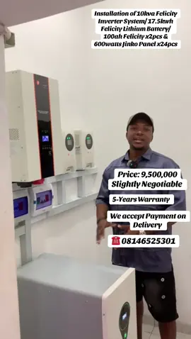 Installation of 10kva Felicity smart inverters and 17.5kwh Felicity lithium batteries. System components:  ✅ 17.5kwh Felicity lithium-Ion Battery  ✅ 10kva Felicity Inverter  ✅ 100ah Felicity charge controller (x2)  ✅ 600watts Jinko Panel(x24) Powers: ▪︎ 3 X 1HP or 1.5HP inverter Acs ▪︎ 2 X medium freezer/fridge  ▪︎ 5 X Television sets ▪︎ Fans, Water Pump, Washing Machine, Blender, Lighting and more. Contact us for your projects, enquires and price negotiation. DM/Call/WhatsApp: 08146525301 Warranty: 5-years We accept Payment on delivery within lagos 🚛  Office Address: F60up Ojo Alaba Int'l Market Lagos. #fyp #felicitysolar #lithiumbattery #lagosnigeria #felicityinverters  