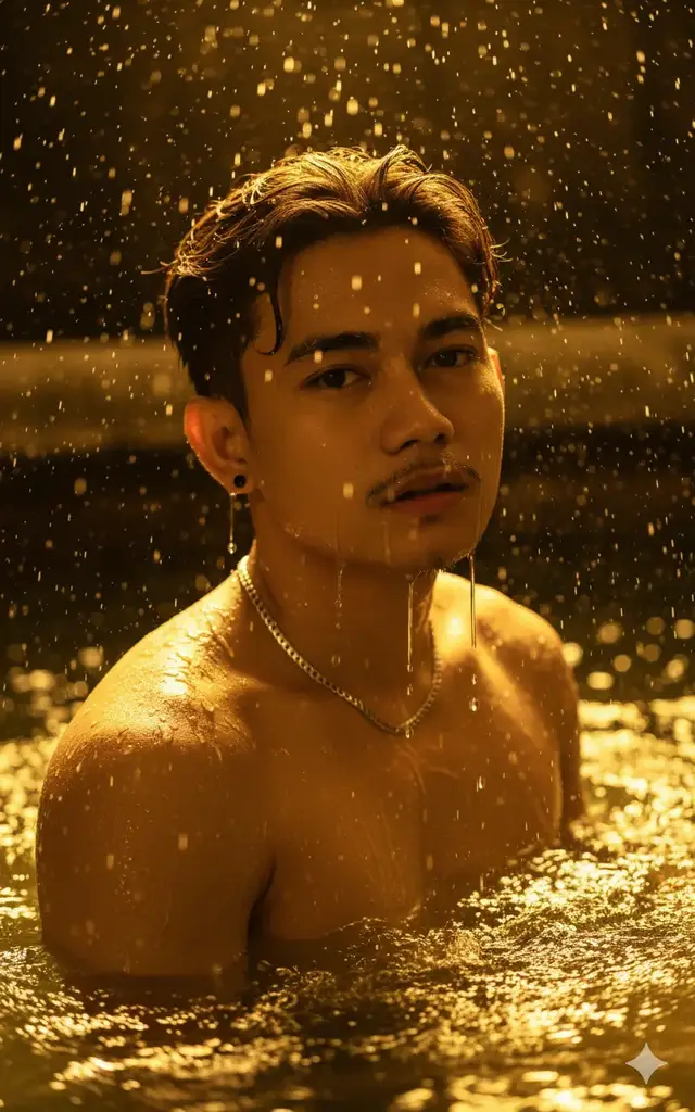1. Subject and Action Subject: A handsome young man with a face similar to the one in the attached photo, sharp facial features, and a narrow gaze. He is wearing a chain necklace and black metal earrings. Action/Setting: The man is half-submerged in water, as if he has just emerged or is taking a shower. Water drips heavily from his hair. 2. Visual Style and Quality Style: Ultra-Realistic Cinematic Photography (as per the keywords in the search bar). Quality: High image quality, highly detailed, realistic skin and water textures, and the face in sharp focus. Resolution: Very High (e.g., 8K, High Detail, Photorealistic). 3. Lighting and Ambiance Lighting: Strong Dramatic Lighting or Rim Lighting. The main light comes from above or behind, creating a shimmering effect on the water droplets and the outline of the subject. Color/Tone: The dominant colors are gold and warm yellow (Warm Gold Tone). The water appears to shimmer like molten gold. Background: Dark (Dark Background) or blurry (Bokeh), but with luminous water splashes/droplets, creating rich texture and depth. Special Effects: Water Drops, Water Splash, Studio Flash Effects.