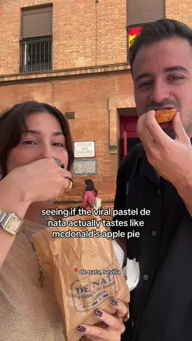 saw a viral video on these comparing them to mcdonald’s apple pie so we had to try for ourselves …  def didn’t give me apple or pie vibes but honestly he could have been onto something cause a pie custard flavoring would have been fire  #pasteldenata #sevilla #seville #sevilleeats #denata 