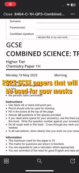 2025 GCSE AQA combined science paper 1 higher tier chemistry. #fyp #mockexams #viral #revision #chemistry 