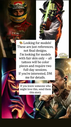 🎨 Looking for models! These are just references, not final designs. I’m looking for models with fair skin only — all tattoos will be color pieces and require two full-day sessions. If you’re interested, DM me for details.