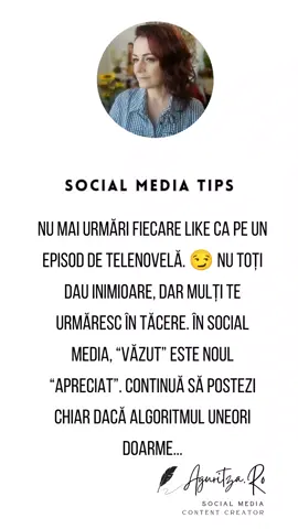 Nu mai urmări fiecare like ca pe un episod de telenovelă. 😏 Nu toți dau inimioare, dar mulți te urmăresc în tăcere. În social media, “văzut” este noul “apreciat”. Continuă să postezi chiar dacă algoritmul uneori doarme... #socialmediaromania #4you #tiktokromania  #sfaturidemarketing #sfaturiutile 