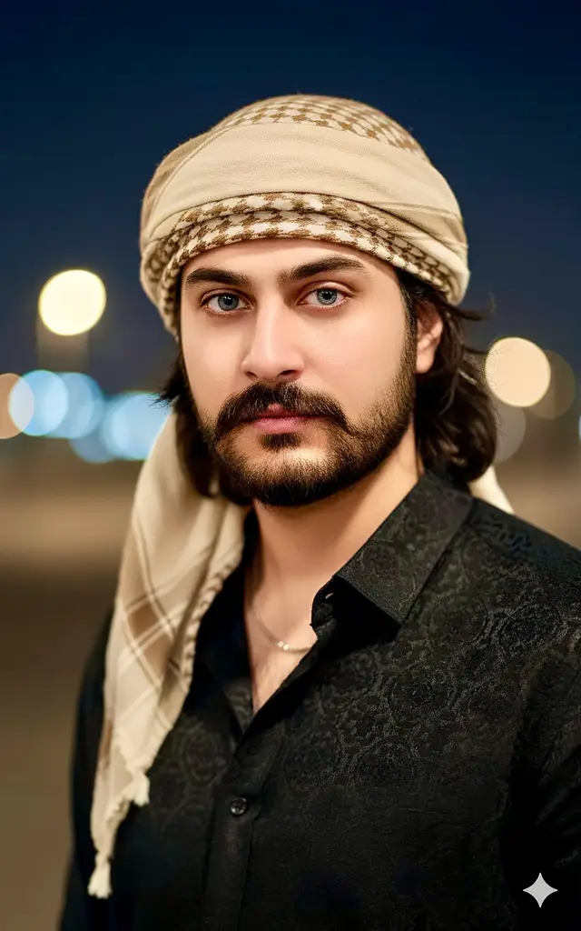 Prompt: Create a cinematic, sharp-focus portrait of a confident man with light blue eyes, wearing a patterned dark shirt and a light-colored headscarf tied around his head. The background is softly blurred (bokeh), and the lighting highlights the facial features clearly. The expression is intense and composed. Include a silver ring and chain for added detail. Realistic skin texture and natural tones don’t change face long hair beyad. #trending #imnaini #Geminiphotosforboy #model #sargodha 