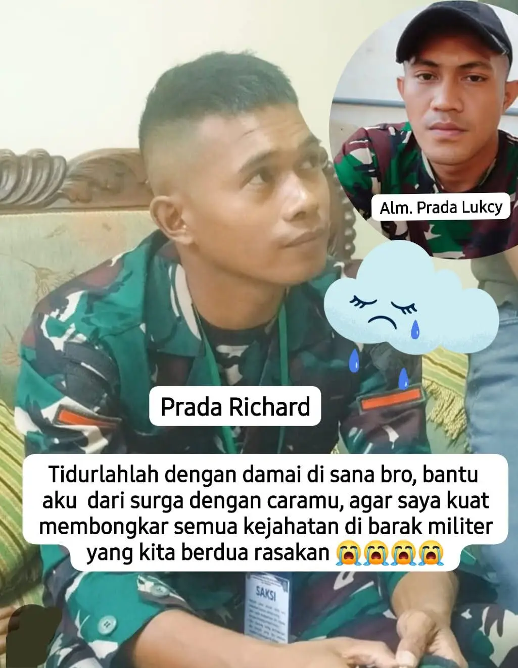 Kadang… keadilan tidak datang dari mereka yang paling kuat, tapi dari hati yang berani bicara meski penuh luka. Prada Richard — sahabat sekaligus saksi kunci dalam k4svs tr49is Prada Lucky Namo — kini menjadi suara terakhir dari seorang prajurit muda yang gvgvr bukan di medan perang, melainkan di tangan sesamanya. Di ruang sidang, dengan suara bergetar, Richard menceritakan semuanya. Tentang malam penuh siks4an, tentang rasa takut, tentang air mata dan perintah yang tak manusiawi. Ia dipaksa meng4kui sesuatu yang bukan dirinya, tapi kini… ia memilih untuk berkata jujur, meski risikonya besar. Karena keberanian Richard, cahaya keadilan mulai tampak di ujung gelapnya k4svs ini. Semoga negara benar-benar hadir untuk melindunginya  melindungi s4ksi yang berani bicara demi k3benaran. Jangan biarkan keberanian itu padam. Untuk Prada Lucky, semoga engkau tenang di sisi Tuhan. Dan untuk Prada Richard, semoga setiap langkahmu dijaga oleh keadilan dan doa seluruh rakyat yang masih punya nurani. 🤍 #kasuskematianpradaluckynamo #barakmiliterwakangamere #justiceforpradalucky #pradarichardsaksikunci #fyp 