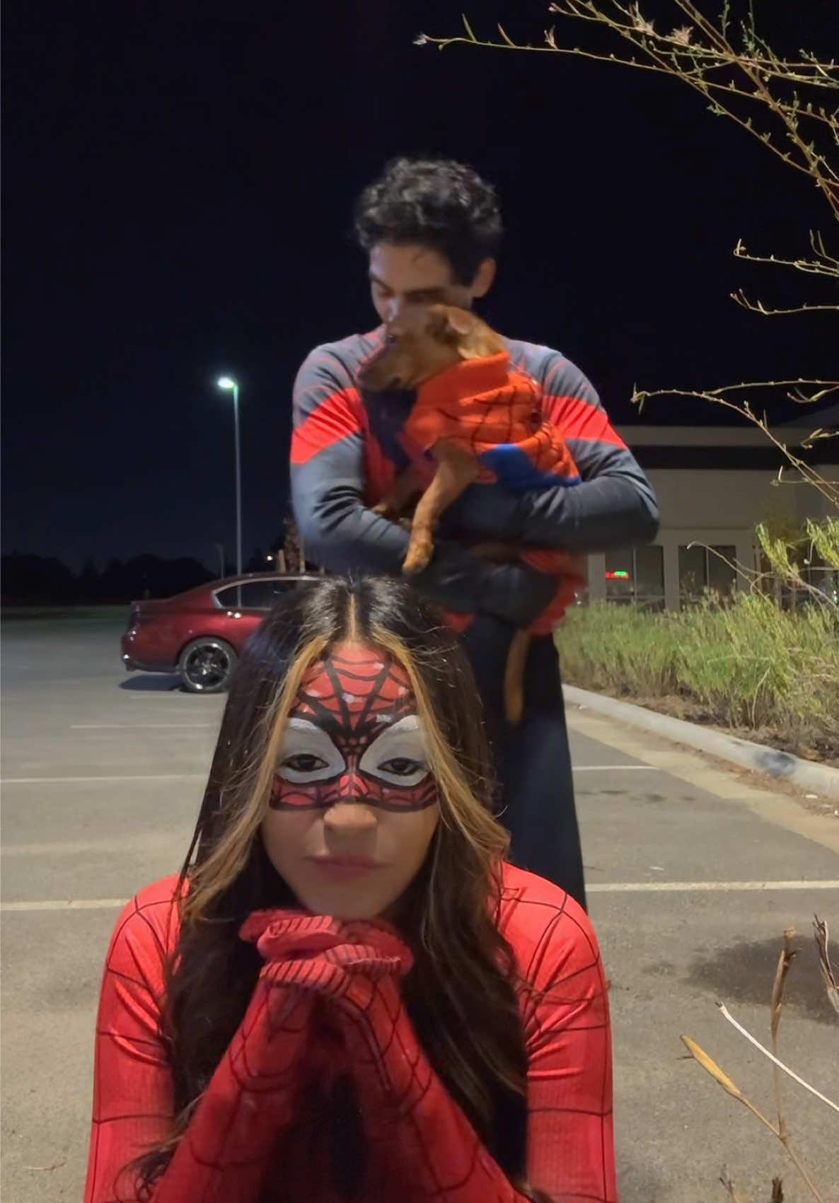 We broke up but the costumes didn’t…we also couldn’t return em🕸️❤️💙💀 #halloween #halloweencostume #spiderman #milesmorales #dogsoftiktok 