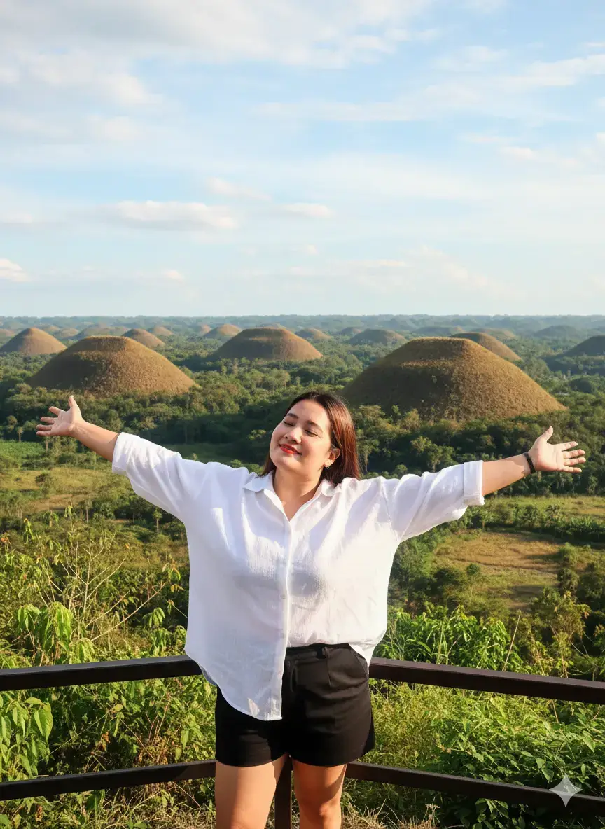 A playful and energetic scene of a woman, drawing inspiration from the uploaded image, standing with her arms outstretched as if embracing the grandeur of the Bohol Chocolate Hills. She is dressed in a casual but trendy white oversized linen shirt worn loosely over black tailored shorts, perfect for movement and comfort during the day tour. Her head is tilted back slightly, a joyful expression on her face, completely immersed in the beauty of her surroundings. The hills stretch dramatically behind her, emphasizing her small figure against their vastness.