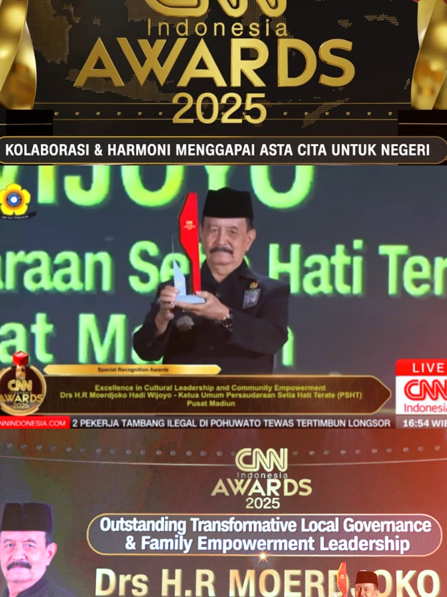 PSHT Raih Penghargaan Nasional! Persaudaraan Setia Hati Terate menerima penghargaan “Excellence in Cultural Leadership and Community Empowerment” pada CNN Indonesia Awards 2025, yang digelar di The Ritz-Carlton Jakarta, Jumat (31/10/2025). Dengan lebih dari 10 juta anggota di 368 kabupaten/kota, 20 komisariat perguruan tinggi, dan 33 cabang luar negeri, PSHT terus menjaga nilai budaya, memperkuat karakter, dan menumbuhkan semangat persaudaraan. Prestasi ini menjadi kebanggaan seluruh warga PSHT di mana pun berada. #shterate #cnnindonesiaawards 