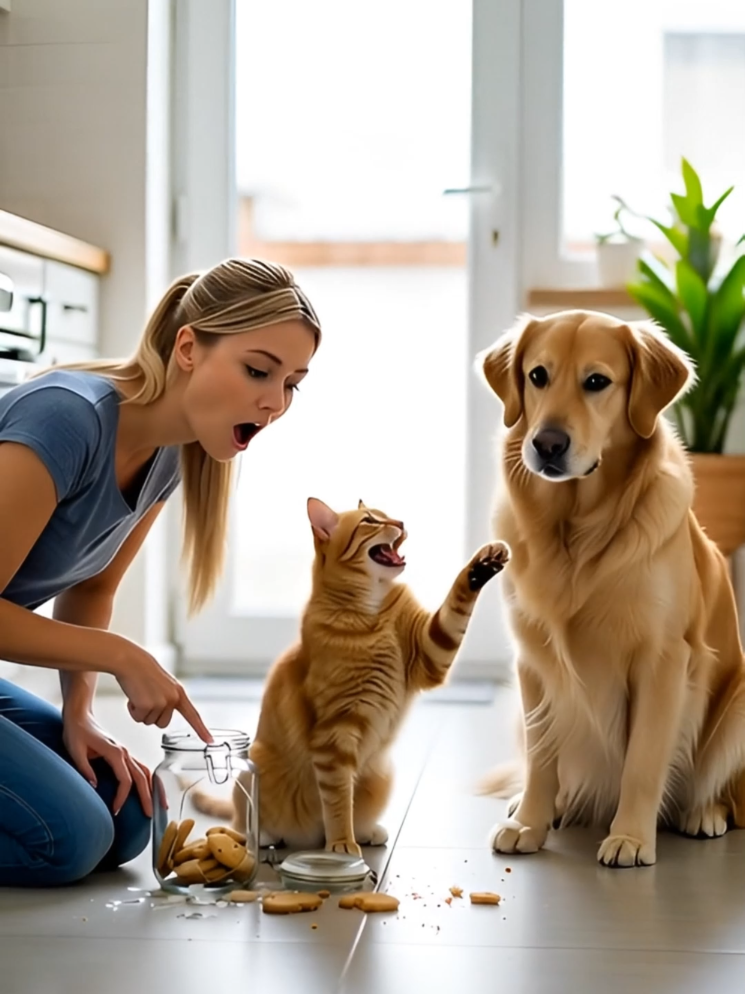Gato Culpa Al Perro Por El Tarro Roto