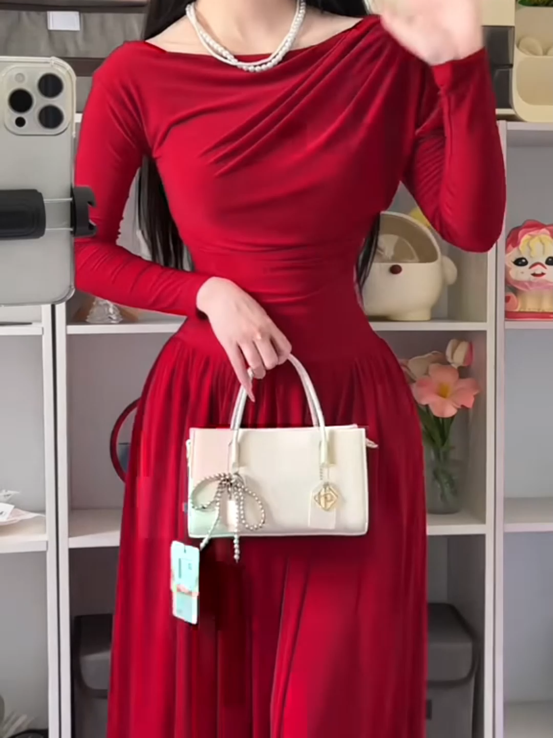 Váy đỏ lệch vai nữ nhún eo, đầm dự tiệc nữ màu đỏ, đầm thun nhún trễ vai đi tiệc sang chảnh