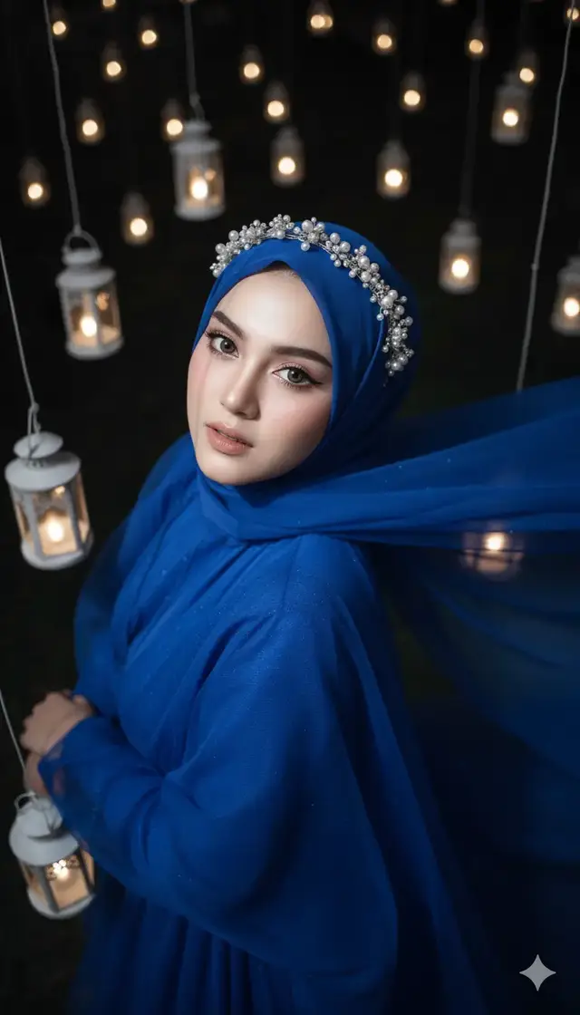 @lia chubby:@lia chubby:Edit foto menjadi format besar yang beresolusi tinggi dengan rasio aspek yang digunakan 9:16. Dengan mengubah gaya karakter dalam foto yang disediakan tapi pertahankan proporsi fitur wajah, mata, hidung, dan mulut yang tepat. Sudut atas-bawah menciptakan foto surealis yang berfokus pada wajah karakter. Wanita ini memiliki kulit halus, putih tanpa cela, dan bercahaya. Make up tipis tampilan Korea — foundation matte halus, blush on pink muda tipis di pipi, eyeshadow pink muda lembut di pipi, eyeliner tipis dengan sayap hitam yang halus, bulu mata lentik, dan lensa kontak coklat muda yang senada dengan pakaian. Wanita ini menggunakan gaun warna biru safir berkilau yang mengalir, terbuat dari tulle warna biru safir. Hijab warna biru safir dengan gaya longgar yang melambai ke samping, dihiasi dengan headpiece manik-manik swaroski putih dan mutiara kecil. Sinar lentera banyak pada malam hari menciptakan bayangan.