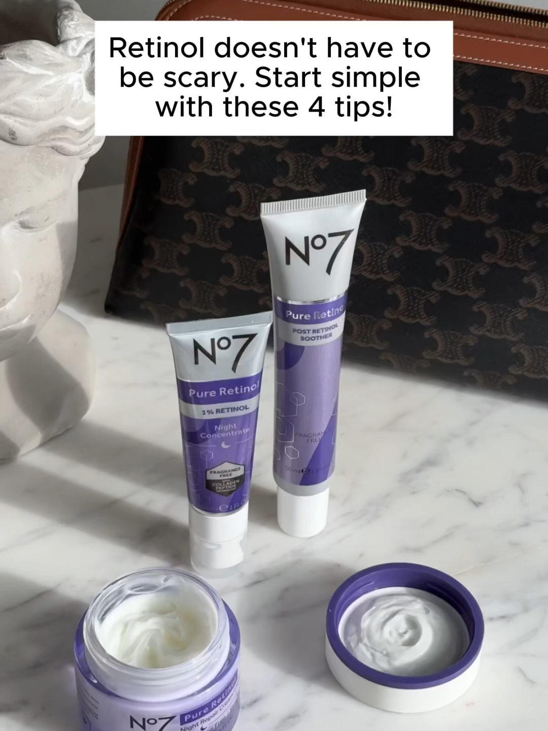 New to retinol? Start with these tips (and our dermatologist approved Pure Retinol line) to get brilliant results while being gentle on your skin! 💜✨ #no7 #skincare #retinoltips #pureretinol