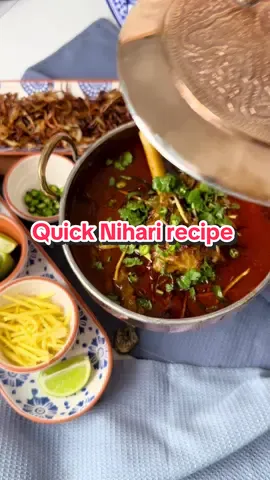 Quick Nihari recipe  Nihari is a famous Mughal dish that is been famous from few centuries.  Each bite is loaded with layers of flavour. Succulent pieces of meat  with  thickened spiced gravy makes it a unique dish Onions :2 Oil: 1 1/2 cup Ginger grated: 1 tbsp Garlic grated : 1 tbsp Lamb shanks: I’ve used 8 shanks roughly 2.5 kg you can use your choice of meat  Salt: 1 tbsp Red chilli powder: 1 tbsp Turmeric: 1 tbsp Kashmiri red chilli powder: 1 tbsp Nihari masala: 1 packet( this is quick Nihari and I use ready made masala when making Nihari in a rush) Chapati or wheat flour: 3-4 tbsp and 1/2 cup water to make slurry  ——- Fry chopped onions add the meat and fry until it changes colour Add the grated ginger garlic paste Add all the spices and stir with 1/2 cup of water  Now transfer in a pressure cooker and cook the meat for 15-20 mins until cooked One meat is cooked in pressure open the cooker and fry the meat  Then add hot water until the whole meat is covered in water  Let it boil  Add 1 tbsp of lemon juice  Separate some oil from top and leave it on slide to use when serving  Then make flour and water slurry to thicken the gravy Once the Nihari has a good medium thickness consistency then it’s ready to serve  Garnish: Julian cut ginger  Fried onions : fry onions in a pan until they are crispy and leave it in a paper towel to dry  Green chillies  Lemons  Coriander #sunias_kitchen #Recipe #fyp #lamb #meatrecipe 