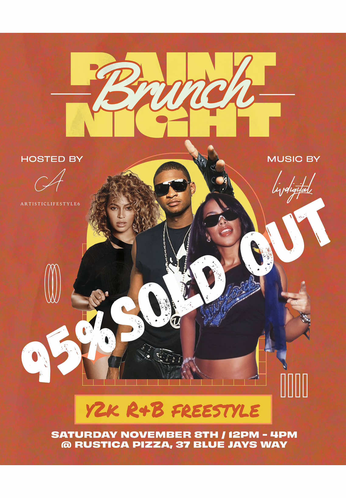 LAST PAINT NIGHT OF THE YEAR 🥹🫶 Few tickets left! LINK IN MY BIO  November 8th- Y2K Millennials Theme Freestyle(This means we will be paint multiple different artists I’ve had paint night themes of like Aaliyah,Usher,Beyoncé,Chris Brown, Destiny Child’s and more)  Location: @pizzarusticatoronto  Time-12pm-4pm Next Dates-November 8th DJ: @LivDigital the DJ & Designer  #artist #art #paint #paintandsip #sipandpaint              