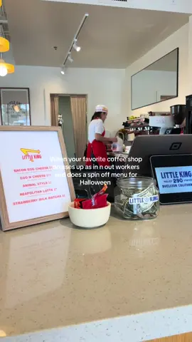 Our favorite coffee shop did a fun in n out spin off for Halloween and it was 10/10 - animal style breakfast sandwhiches and neopolitian lattes #halloween #coffeeshop #innout