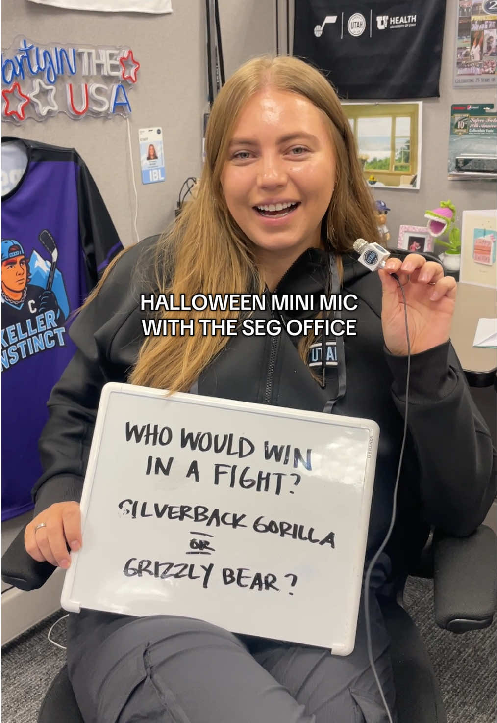 IYKYK the significance of this question 👀🎤 @Utah Mammoth @Utah Jazz #workinginsports #minimic #questionoftheday #officelife #officehalloween 