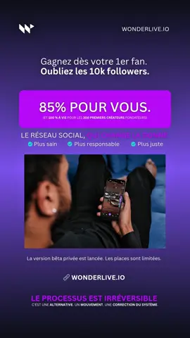 Tu crées 🎨 Tu t’épuises 🫠 Tu gagnes… rien ? Ça s’arrête ici. 🚫 💰 Sur WonderLive, tu gagnes dès ton 1er fan. Pas besoin de 10k followers pour générer des revenus. Juste une vraie communauté.  Et une plateforme qui te respecte. 🔓 85% pour toi. (100% à vie pour les 300 premiers créateurs fondateurs) 🚀 La version bêta privée est ouverte. Les places sont limitées. On ne refera pas cette offre. 👉 Rejoins le mouvement : wonderlive.io #OnChangeLesRègles #CreatorEconomy #WonderLive #CréateursIndépendants #NouveauRéseauSocial