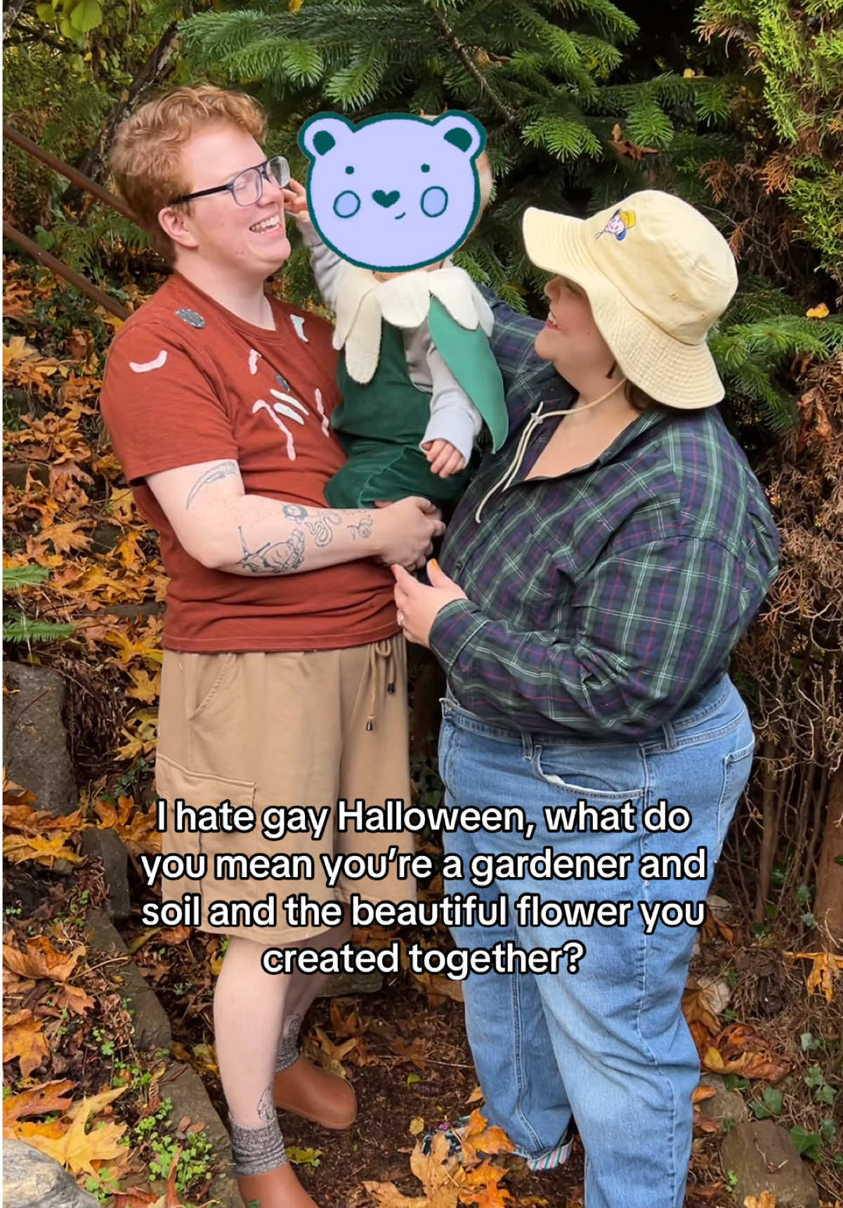 Shoutout to Mimi for making the baby overalls!! The fabric for those and his leaves were thrifted cushion covers, his petal ruff was a thrifted blanket, both mine and Morg’s costumes are either stuff we already had or thrifted. It’s a Recession Core Halloween! 🎃 #Halloween2025 #UpcycledFashion 