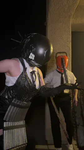 Every girl likes to pick on Denji 😩 Fun fact! We both couldn’t see anything out of our helmets LOL 😂  Reze: @Akemikun  Both cosplays are made by Akemikun! 😊 #chainsawman #chainsawmancosplay #reze #denji #rezechainsawman 