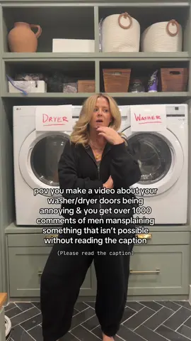 FOR THE RECORD:  1. The doors open towards each other, yes the DRYER door can be flipped; however the WASHER’S CANNOT (I made a video showing this).  2. The first video was asking about longer water/drain hoses so I can switch the positions of the appliances themselves (to be like most homes) how you see this in this video is how you’d see them if you were standing there.  3. The hook ups are behind their respective appliances as they sit now (shown in video)  4. We did not install them, the previous home owners built this home custom & I don’t know why they put the dryer + hook up on the left & washer + hookups on the right.  5. Yes, I realize this is a first world problem, but this is TikTok, so if you’re here for anything other than entertainment, you should find a different app.  Hope this clears some stuff up! Thanks!  #Home #homeowner #viral #followup #funny 