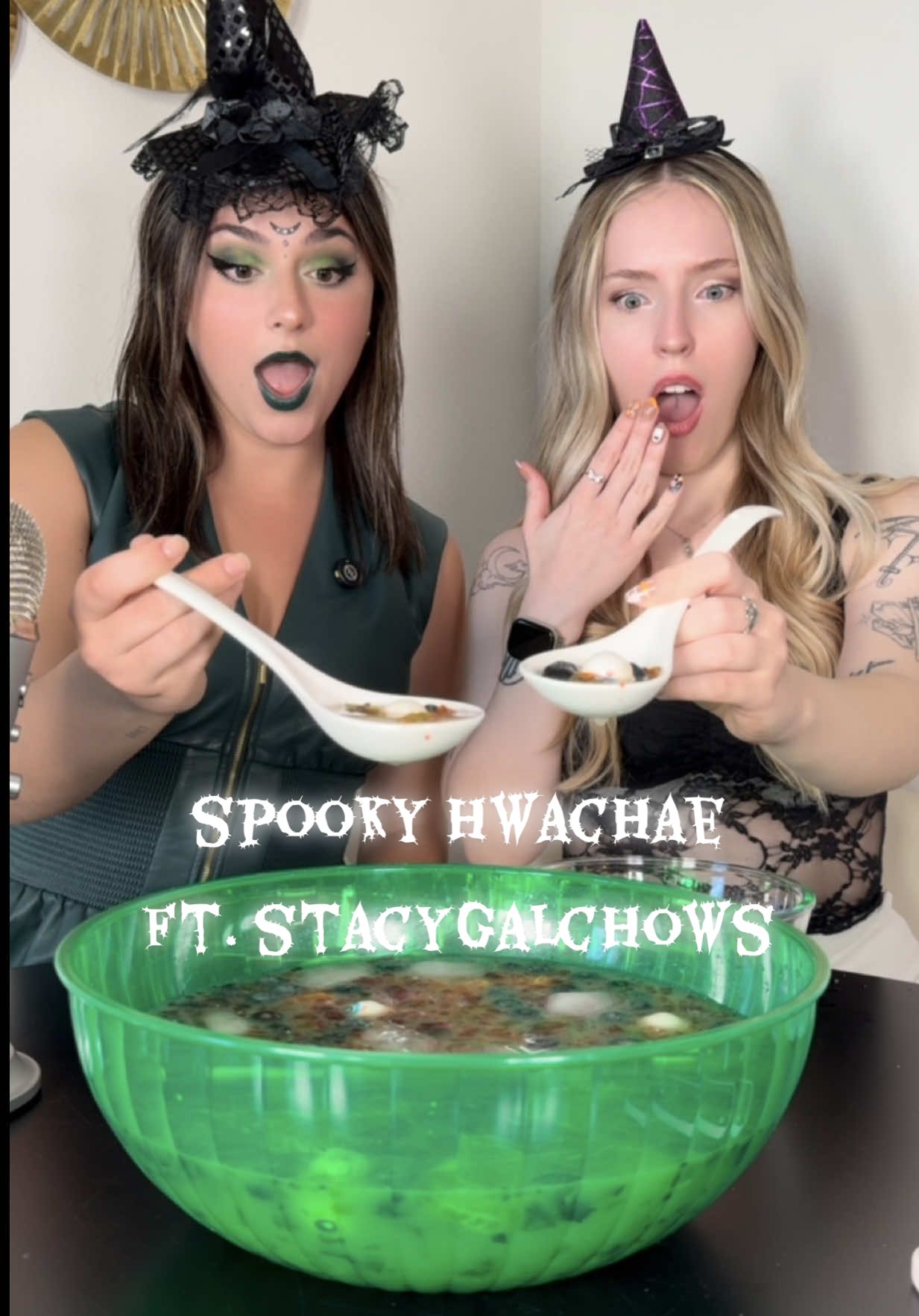 COMMENT PICS OF YOUR COSTUME! 🎃 most likes wins a surprise <3 this halloween hwachae was so delicious 💜💚 ft. @StacyGalChows #hwachae #asmr #mukbang 