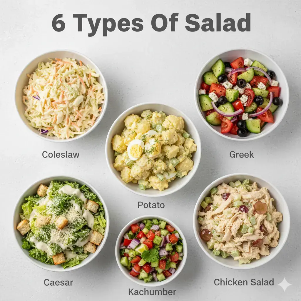 Six delicious types of salad, from fresh greens to hearty protein and classic mixes.