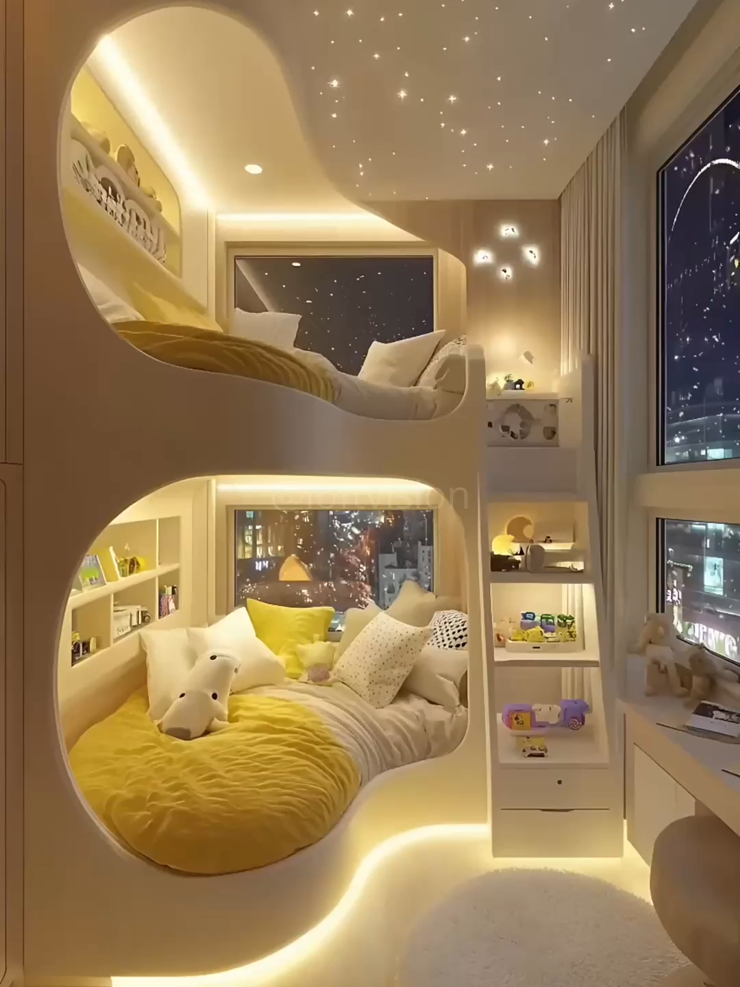 Starry City Bunk Haven ⭐🌙 Sleep under glittering lights with city views and cozy vibes. This is bedtime magic on a whole new level. #fy #fyp #kidsroom #bunkbed #starlightceiling #cityview #roominspo #cozyaesthetic #bedroomgoals #nightaesthetic #homedesign #magicalspaces #dreamroom
