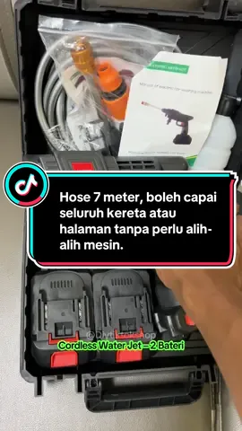 Hose 7 meter, boleh capai seluruh kereta atau halaman tanpa perlu alih-alih mesin.#cordlesswaterjet #waterjetcordless #waterjetportable 